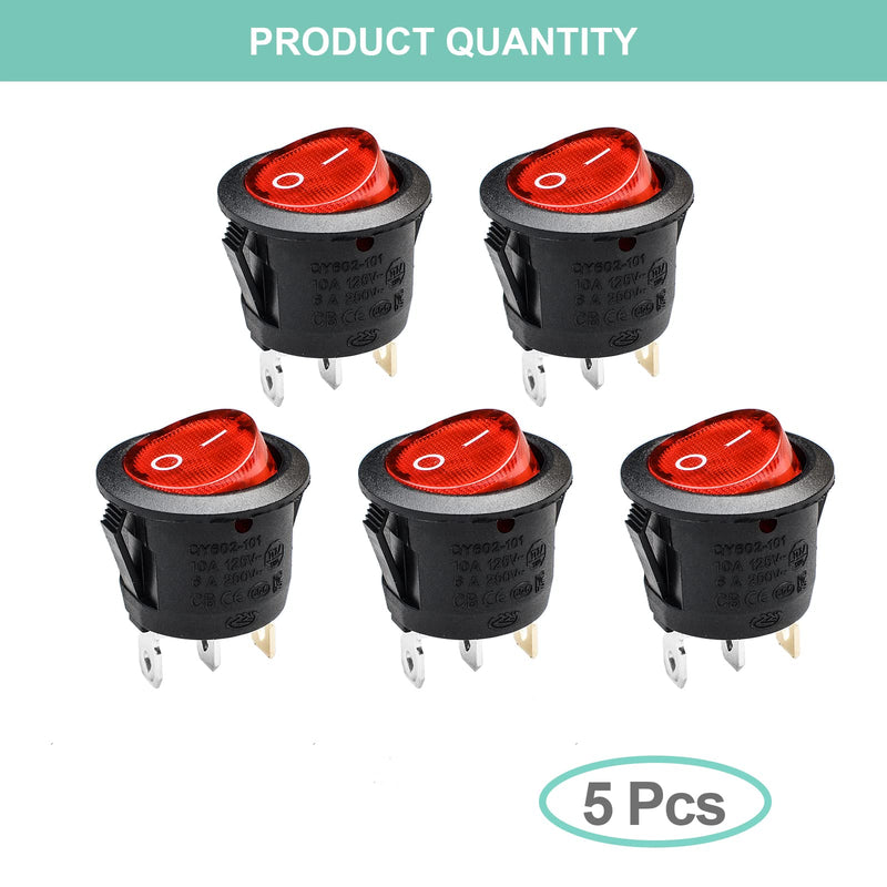 [Australia - AusPower] - QTEATAK KCD1 On/Off 3-Pin 2-Position Snap 10A/125V, 6A/250V Red LED Round Boat Rocker Switch-5Pack 