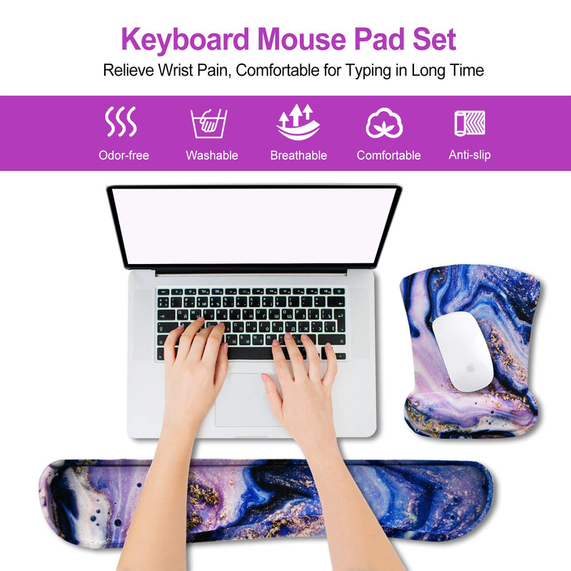 [Australia - AusPower] - ArtSo Keyboard Wrist Rest and Mouse Pad with Wrist Support, Ergonomic Mouse Pad, Durable & Comfortable & Lightweight for Easy Typing Pain Relief, Memory Foam Keyboard Mousepad Set, Purple Marble 