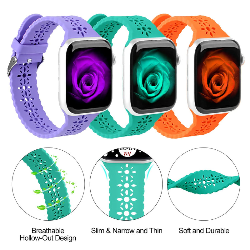 [Australia - AusPower] - [3 Pack] Silicone Bands Compatible with Apple Watch 38mm 40mm 41mm 42mm 44mm 45mm Women Soft Slim Lace Strap Waterproof Sports Replacement Band Smartwatch Wristband for iWatch Series SE 7 6 5 4 3 2 1 