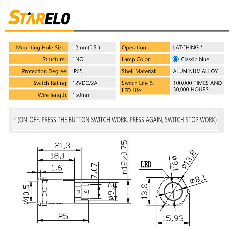 [Australia - AusPower] - Starelo 5pcs 12mm Latching led Push Button Switch Black Shell with pre-Wiring, IP65 Waterproof Push Button Switch,1NO 1 Normally,Self-Locking with LED(Blue). 12mm Black Shell 