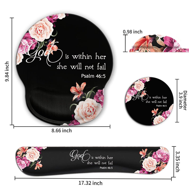 [Australia - AusPower] - Keyboard Wrist Rest Pad and Ergonomic Mouse Pad Wrist Support Set for Computer, Gaming , Office, Pain Relief + Coasters，Peony Flower Psalm 46:5 God is Within Her, She Will Not Fall Fd-wristrest-3 