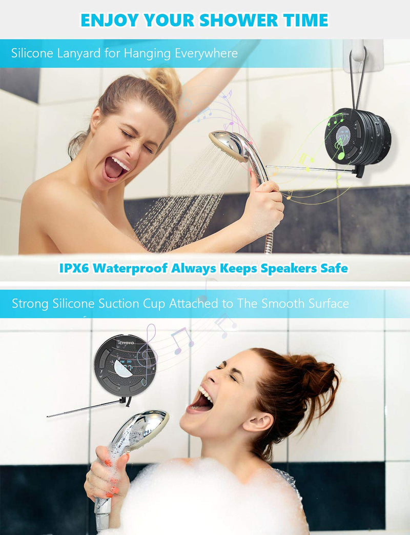 [Australia - AusPower] - Shower Radio Bluetooth Speaker - IPX6 Waterproof Bathroom Radio, CIYOYO Wireless Shower Speakers with Clock Suction Cup Lanyard FM Radio LCD Display Built-in Mic 10 Hours Music Play 