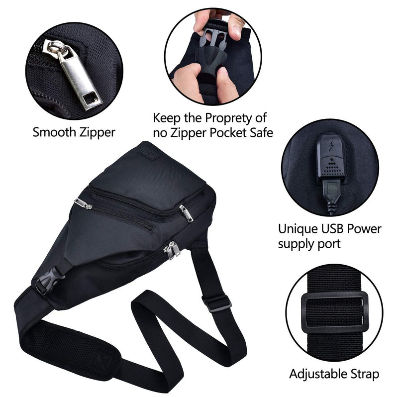 [Australia - AusPower] - Sling Bag for Men Women Shoulder Backpack Chest Bags Crossbody Daypack with USB Cable for Hiking Camping Outdoor Trip Small (13" x 6.7" x2.76") Black 