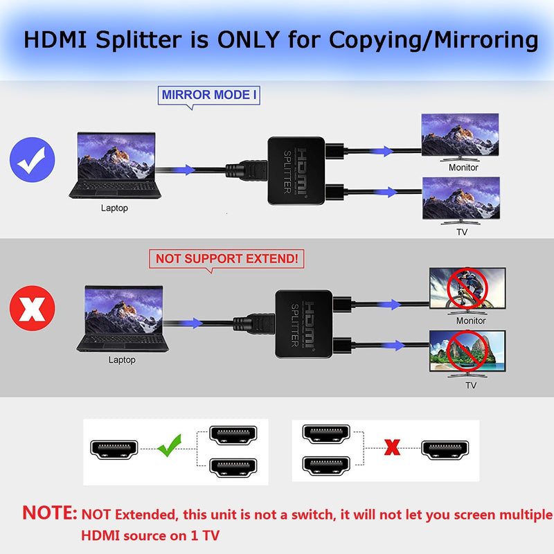 [Australia - AusPower] - HDMI Splitter 1 in 2 Out 4K@60Hz(with HDMI Cable 3.3ft), HDMI Switch Splitter for Dual Monitors Only Duplicate/Mirror Screens, for Laptop, TV Box, Support HDMI 2.0b, HDCP2.2, Full HD 1080P 3D 