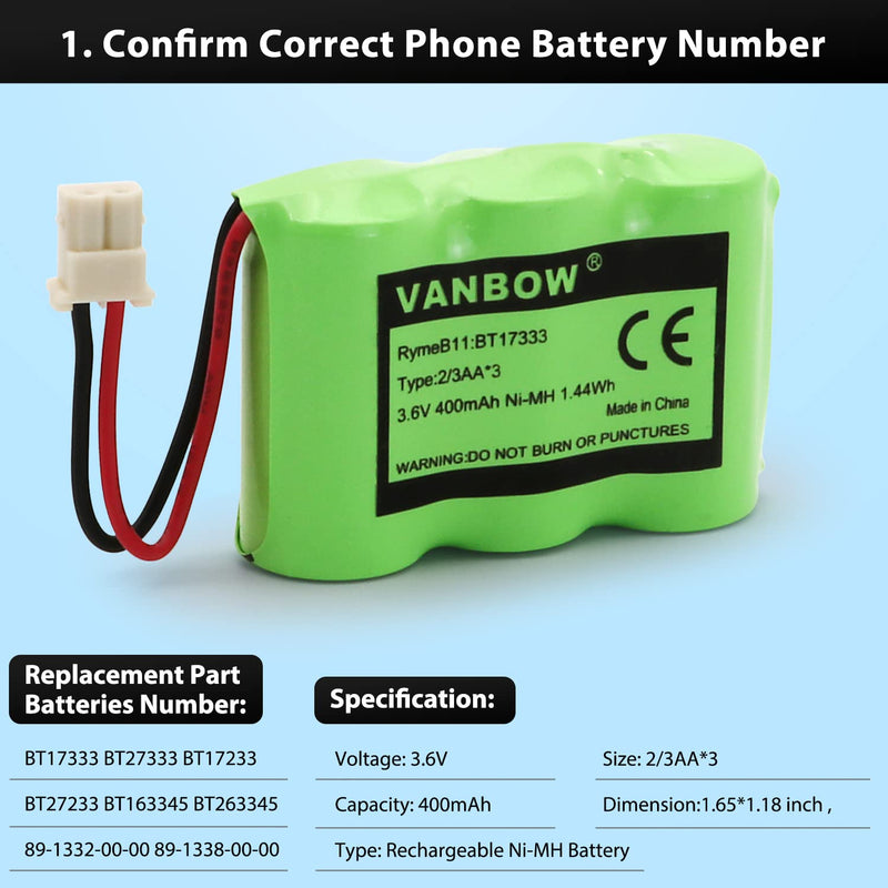 [Australia - AusPower] - BT17333/BT27333 Cordless Phone Battery BT-17333 BT-27333 BT17233 BT27233 CS2111 01839 CLT3500 GESPCH06 43-3215 2/3AA 3.6v 400mAh (2) 