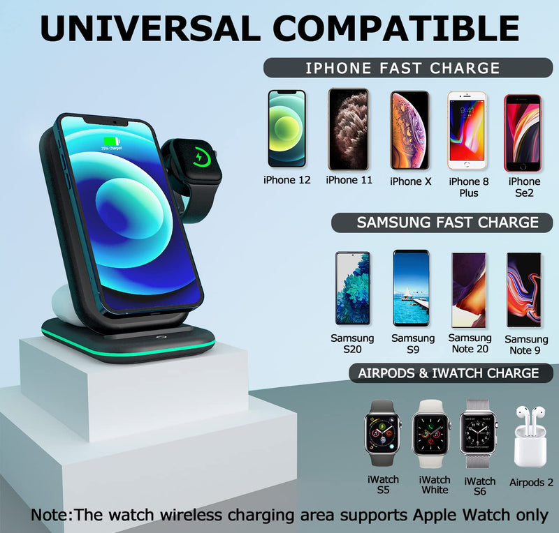 [Australia - AusPower] - Wireless Charging Station, Kodagia 3 in 1 Wireless Charger, Qi Certified Fast Charging Station Compatible with Apple iWatch Series, AirPods, iPhone 12/12 Pro/12 Pro Max/11pro/11proMax, Include Adapter 