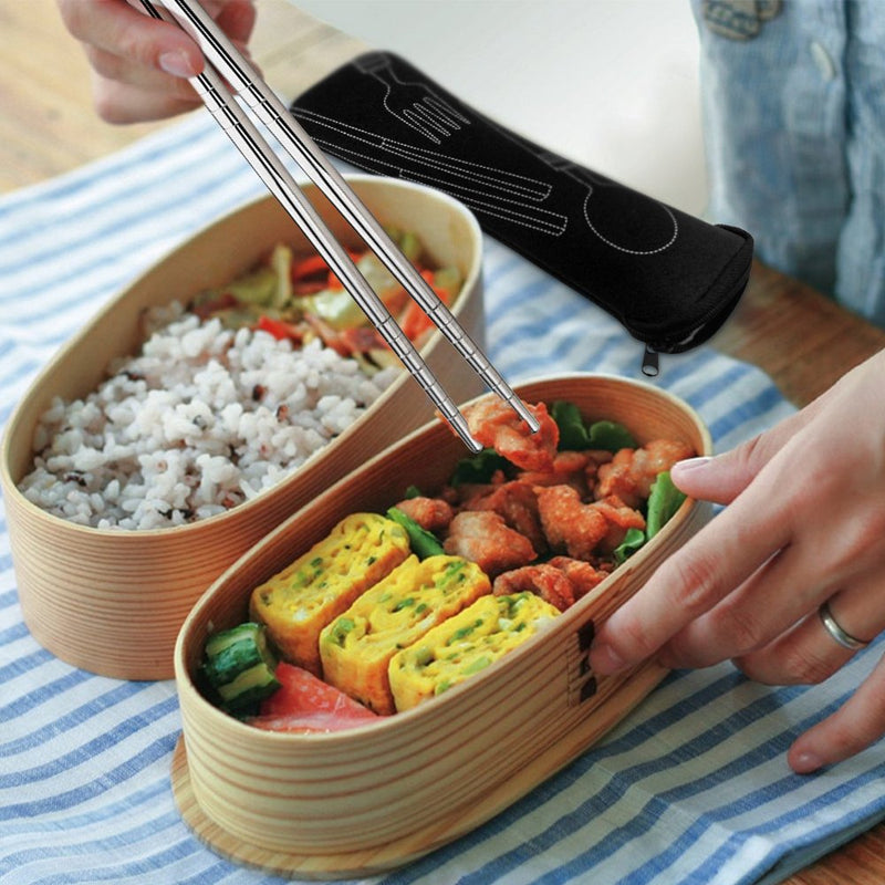 [Australia - AusPower] - SENHAI 8 Pieces Flatware Sets Knife, Fork, Spoon, Chopsticks, 2 Pack Rustproof Stainless Steel Tableware Dinnerware with Carrying Case for Traveling Camping Picnic Working Hiking Dark Blue,Black 
