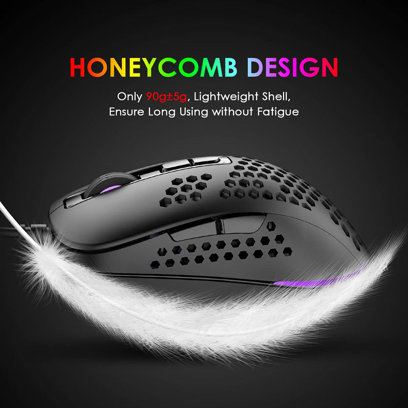 [Australia - AusPower] - Lightweight Gaming Mouse Wired,USB Optical Computer Mice with RGB Backlit,4 Adjustable DPI Up to 2400,Ergonomic Gamer Laptop PC Mouse with Honeycomb Shell for Windows 7/8/10/XP Vista Linux -Black Black 