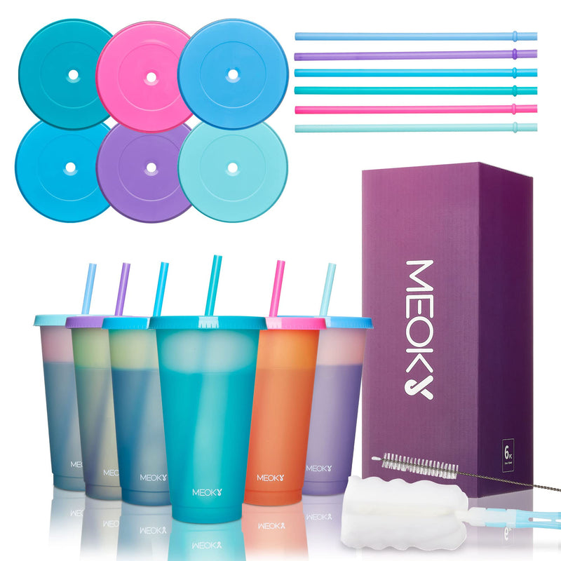 [Australia - AusPower] - Meoky Plastic Cups with Lids and Straws 6Pack 24oz Reusable Color Changing Cups for Adult Kids Cold Coffee Drinking Tumblers Summer Party Cups Rainbow 6 Count (Pack of 1) 