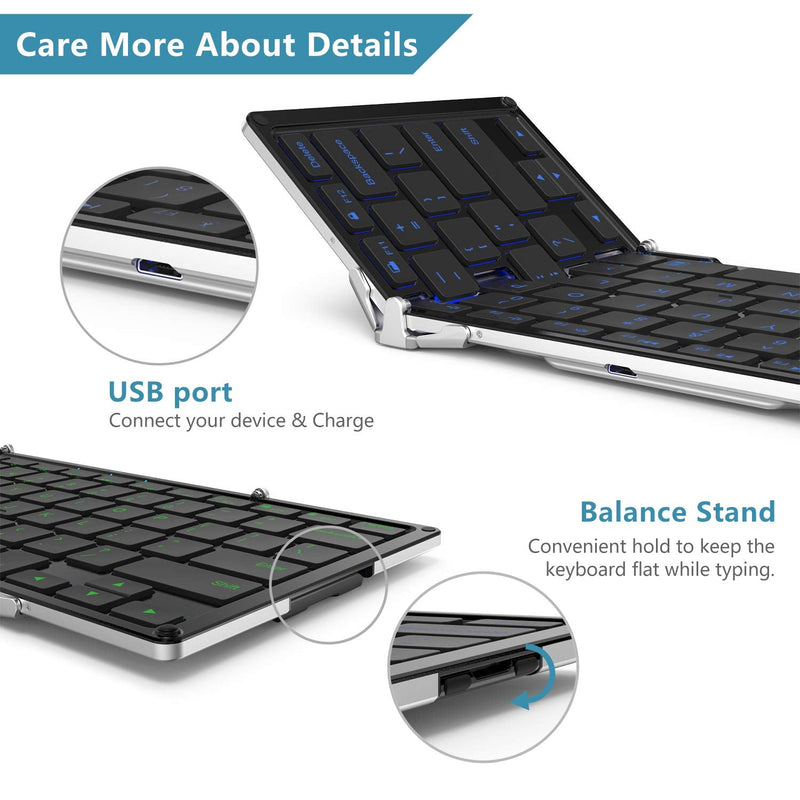 [Australia - AusPower] - iClever BK05 Bluetooth Keyboard with 3-Color Backlight, Bluetooth 5.1 Multi-Device Foldable Keyboard with Aluminum Alloy Base for iOS Windows Android Tablets, Smartphones, Laptops, PC and More 
