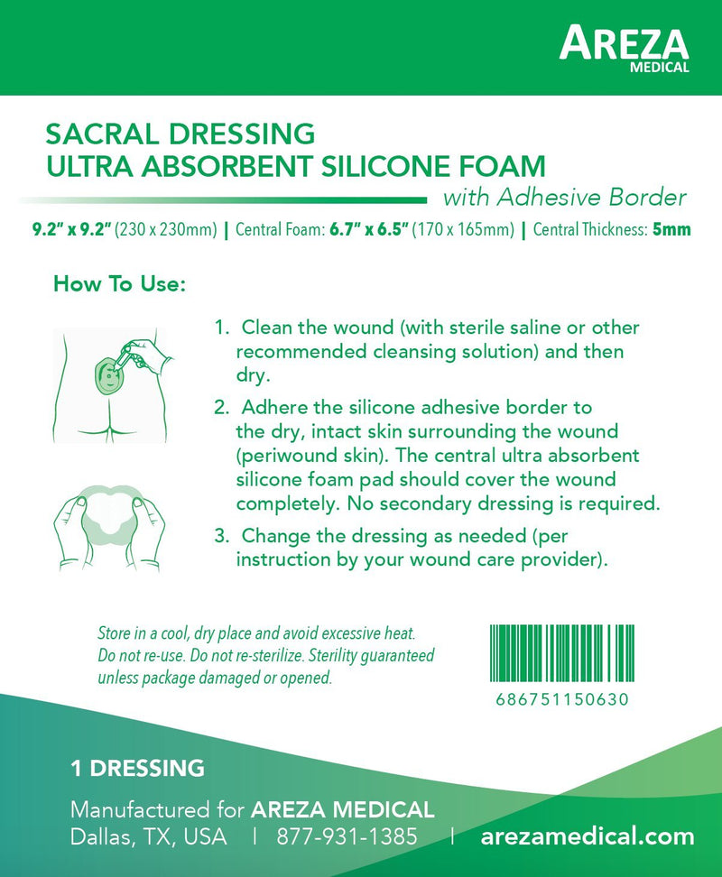 [Australia - AusPower] - Sacral Ultra-Absorbent Silicone Foam Dressing 9.2" X 9.2" Box of 5; Sterile; Wound Dressing By Areza Medical 