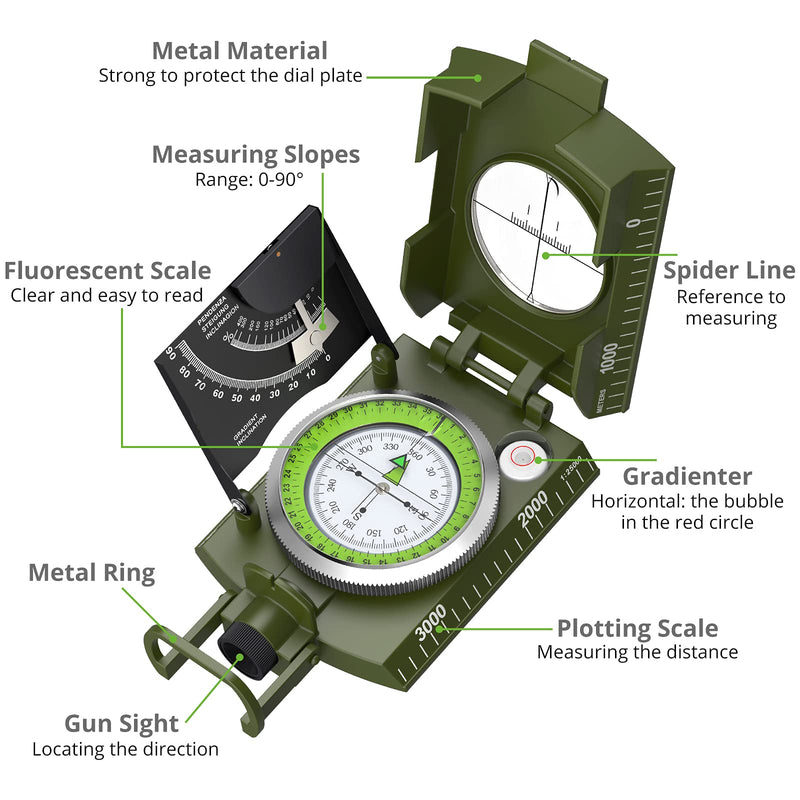 [Australia - AusPower] - Proster IP65 Hiking Compass with Sighting Clinometer Professional Military Compass Metal Camping Compass Waterproof with Carry Bag for Camping Hunting Hiking Geology Activities ArmyGreen Compass 