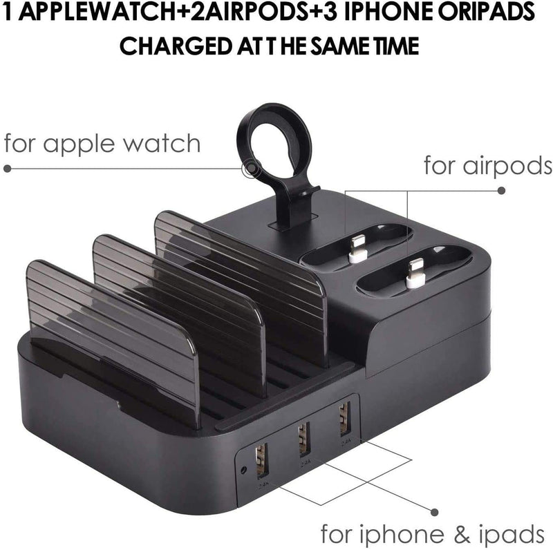 [Australia - AusPower] - USB Charging Station Multiple Devices 6 Port 30W Fast Multi USB Charger Station Dock HUB Desktop Wall Charge Stand Organizer for iPad iPhone Airpods iwatch Kindle Tablet Smart Cell Phones Black 