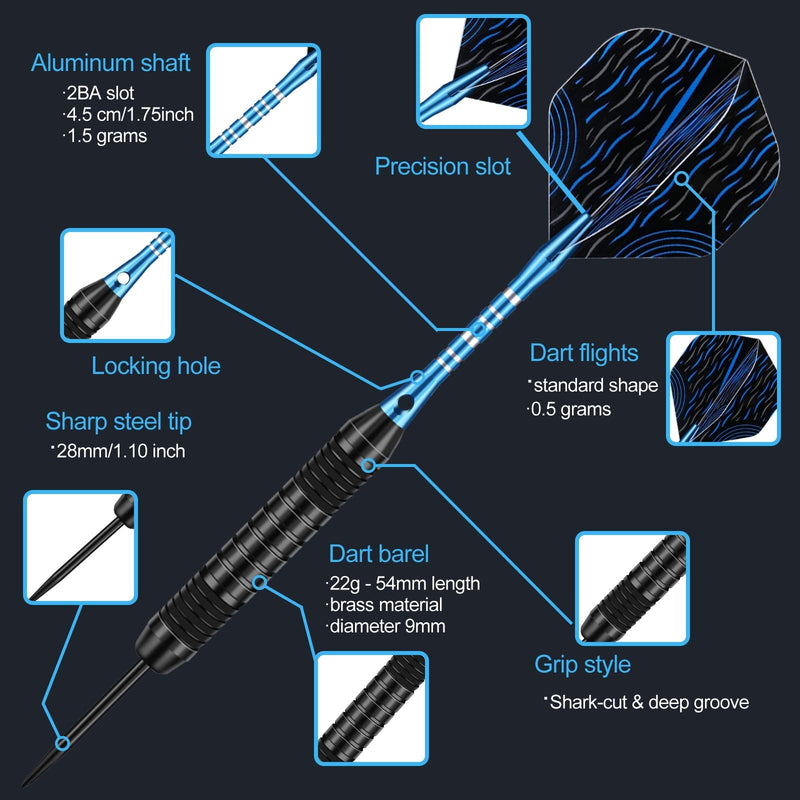 [Australia - AusPower] - DARTSPACE 12 Pack Steel Tip Darts Set 24 Grams, Metal Tip Darts with Premium Black Blue Aluminum Shafts, Extra 50 Rubber O-Rings 6 Nylon Shafts 12 Spring Rings 16 Flights Protector 1 Tool Kit 