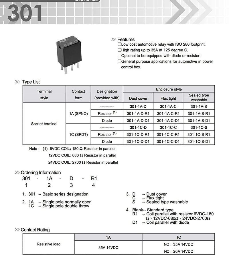 [Australia - AusPower] - Automotive Purpose Relays 301-1C-C-R1-U01-12VDC 5 PIN, 4 Pack 