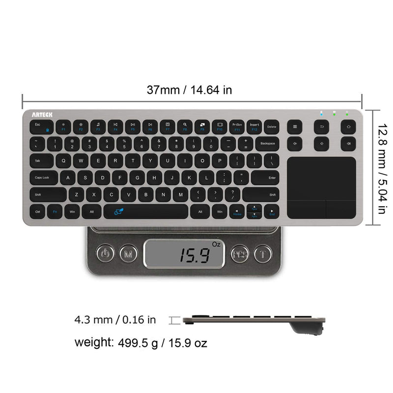 [Australia - AusPower] - Wireless Keyboard, Arteck 2.4G Wireless Touch TV Keyboard with Easy Media Control and Built-In Touchpad Mouse Solid Stainless Ultra Compact Full Size Keyboard for TV-Connected Computer, Smart TV, HTPC 