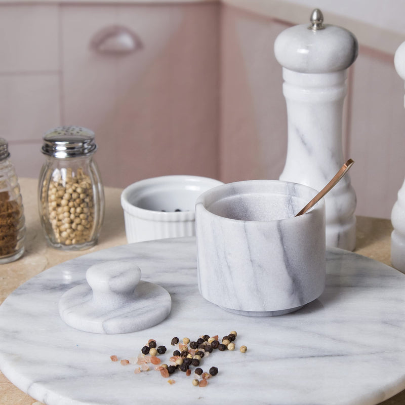 [Australia - AusPower] - Creative Home Natural Marble Salt Cellar Keeper Round Salt Spices Container Salt and Pepper Bowls, 3" Diam. x 3.3" H, Off-White 