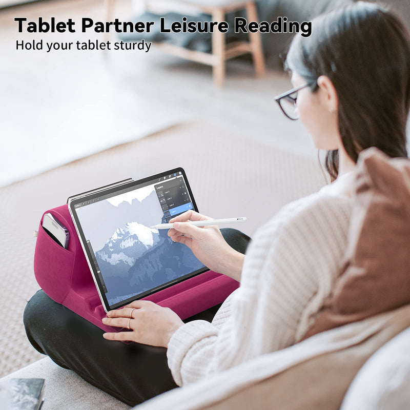 [Australia - AusPower] - KDD Tablet Pillow Holder, Pillow Soft Pad for Lap, Bed and Desk Tablet Stand Dock with 2 Pocket and 3 Stylus Mount Compatible with iPad Pro 9.7, 10.5,12.9 Air Mini 5 4 3 2, Galaxy Tab, Books (Purple) Purple 