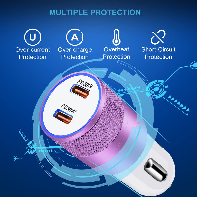 [Australia - AusPower] - 60W USB C Car Charger,2 Port Car Charger Adapter Power Delivery PD 3.0 USB Car Charger Fast Charging for iPhone 13/12/11 Pro/Max/XR/XS,iPad,Samsung Galaxy S22/S21/S20/S10,Google Pixel 6pro 6A 4A 3A XL EB 1-pack PD car charger purple 