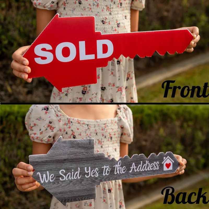 [Australia - AusPower] - Small Real Estate Key Shaped Prop Sold Sign | 2 Designs on 1 Double Sided Sign | Social Media Photo Props for Realtor and Home Owners | Real Estate Agent Gift | (We Said Yes to the Address / Sold!) 