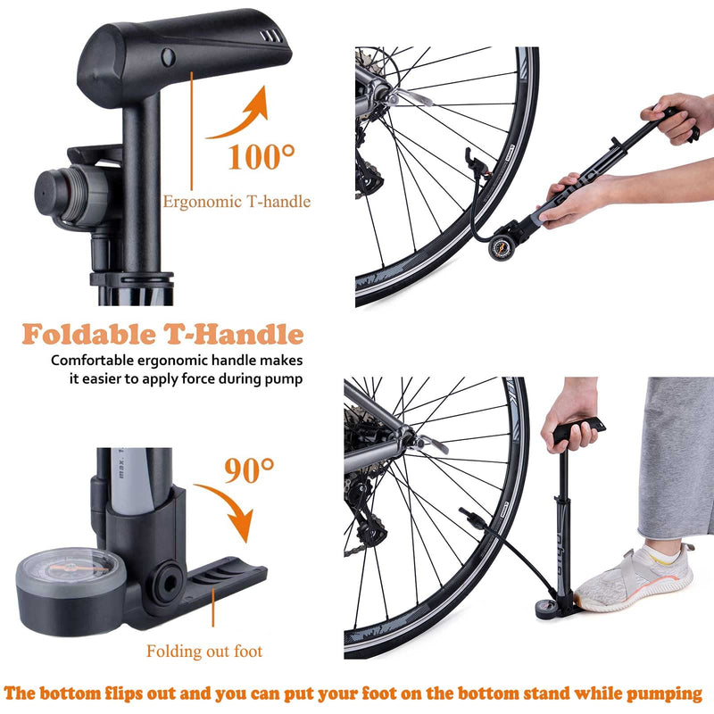 [Australia - AusPower] - Mini Bike Pump with Gauge - Portable Bicycle Tire Pump - 120 PSI Bike Air Pump fits Presta & Schrader & Dunlop Valve - Road MTB Bike Pump Comes with Mounting Bracket (Black Grey) 
