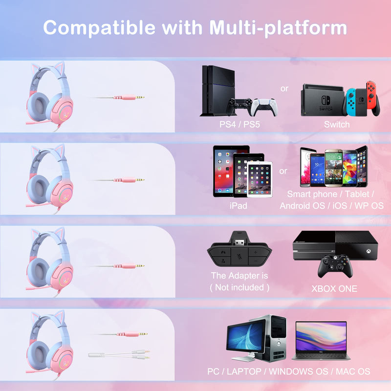 [Australia - AusPower] - PHNIXGAM Gaming Headset for PS4, PS5, Xbox One(No Adapter), Cat Ear Headphones with Noise Cancelling Microphone, RGB Backlight, Surround Sound for PC, Mobile Phone, Gradient Pink Blue 