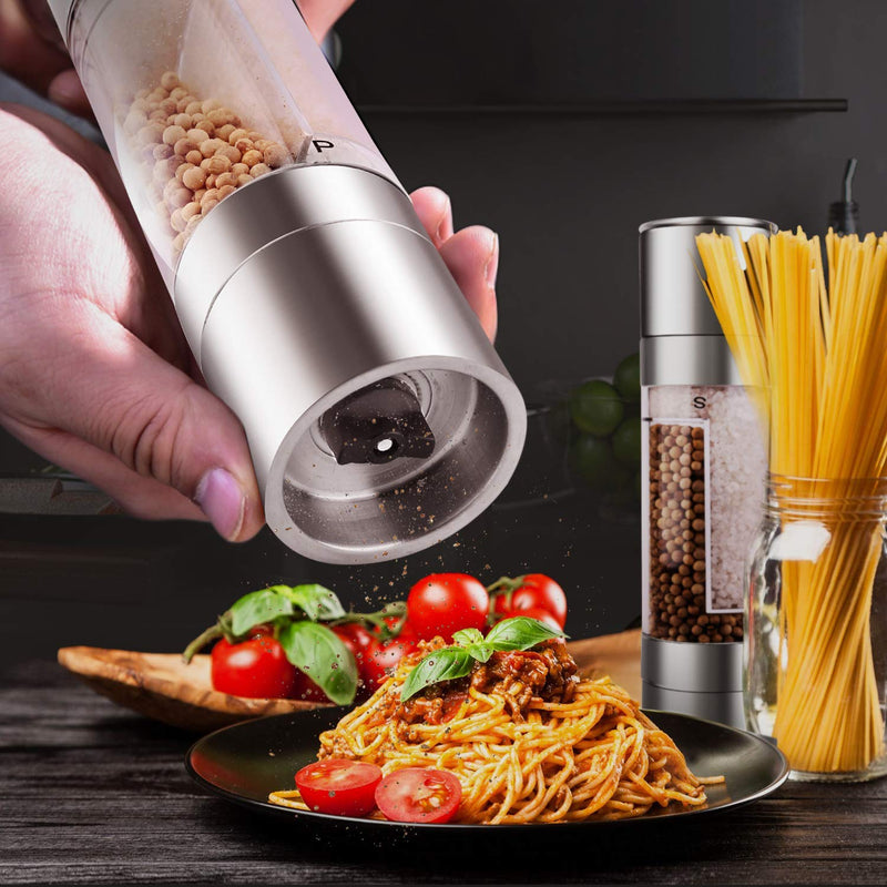 [Australia - AusPower] - Mixoo Salt and Pepper Grinder - 2 in 1 Manual Stainless Steel Salt Pepper Mill Herb Spice Grinder Shakers Refillable with Adjustable Coarseness Ceramic Rotor and Dual Clear Acrylic Chamber 