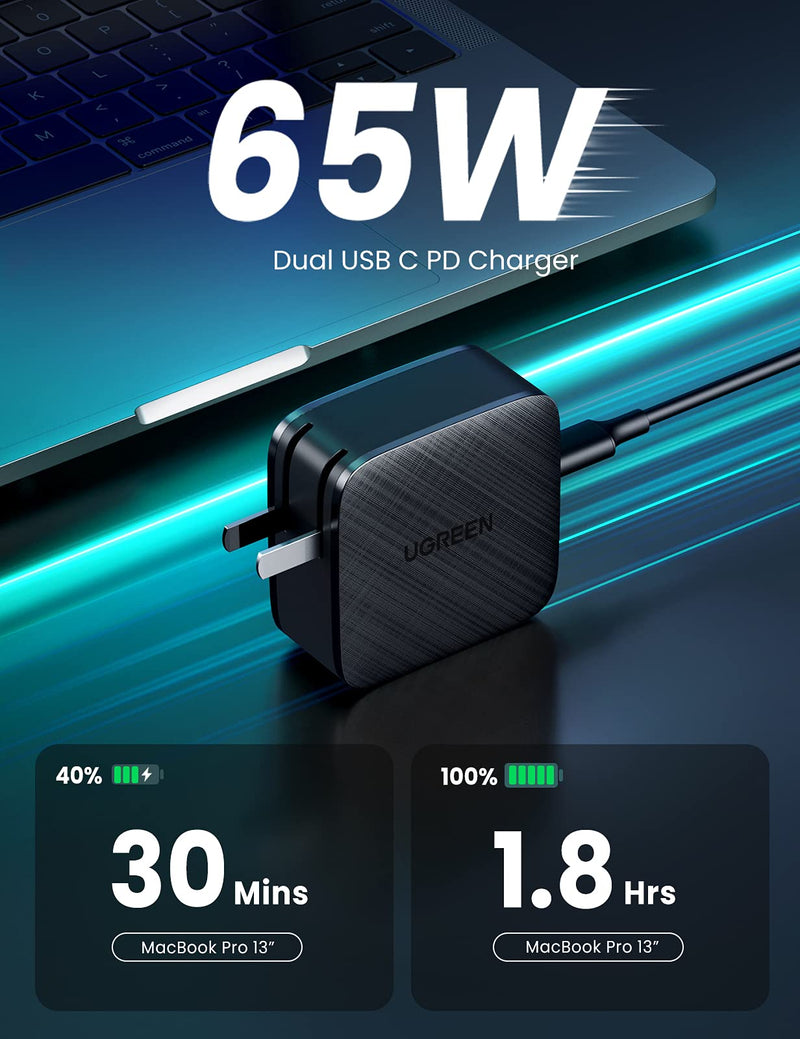 [Australia - AusPower] - UGREEN 65W USB C Wall Charger - 2 Port PD Fast Charger Power Adapter Compatible with MacBook Pro/Air, iPad Mini/Pro, iPhone 13/13 Mini/13 Pro Max, Galaxy S22/S21/S20/S10, Dell XPS 13, Pixel, and More 