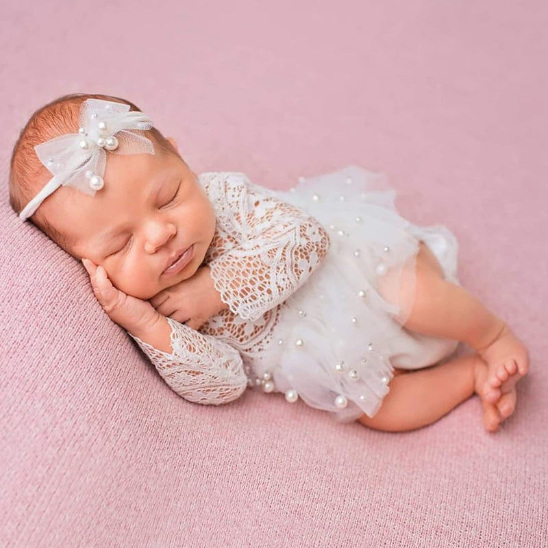[Australia - AusPower] - M&G House White Lace Newborn Photography Outfits Girl Newborn Photography Props Pearl Lace Rompers Newborn Girl Lace Romper Photoshoot Outfits Easter Gift(Long Sleeve, White) 02 White, Long Sleeve 