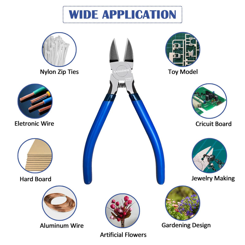 [Australia - AusPower] - Wire Cutters, 6 inch, KAIHAOWIN Precision Flush Cutters Ultra Sharp Wire Cutters for Crafting Side Cutters Wire Snips Spring Loaded Dikes Wire Cutter for Jewelry Making, Blue with Black Handle 6"x1 Pack 