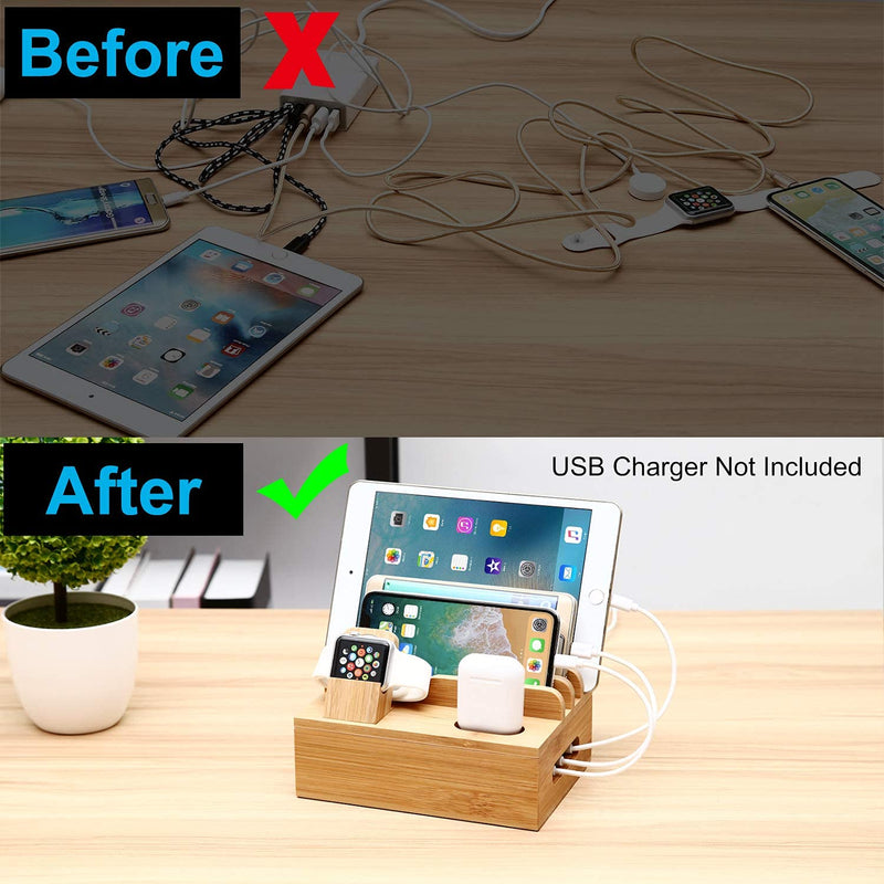 [Australia - AusPower] - Bamboo Charging Station Dock for 4/5 / 6 Ports USB Charger with 5 Charging Cables Included, Desktop Docking Station Organizer for Cellphone,Smart Watch,Tablet(No Power Supply) 