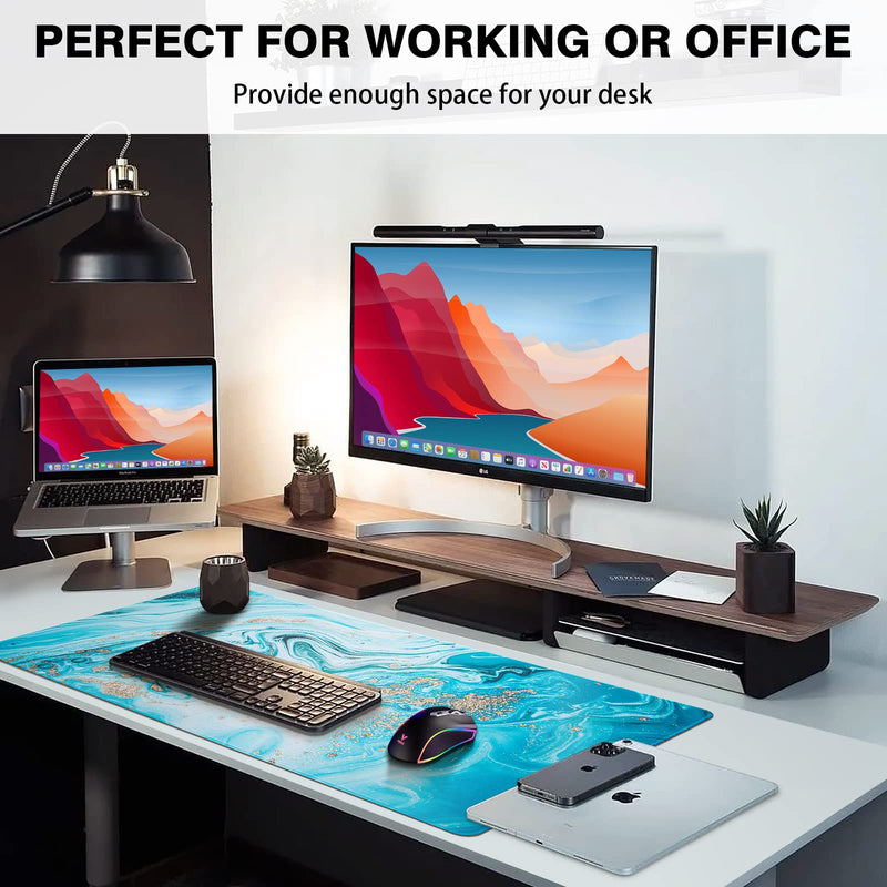 [Australia - AusPower] - Large Mouse Pad, Marble Desk Mat, Canjoy 31.5" x 15.7" Extended Gaming Mouse Pad Waterproof Computer Keyboard Mousepads with Non-Slip Rubber Base for Work, Game, Office, Home Light Blue Gold Marble 