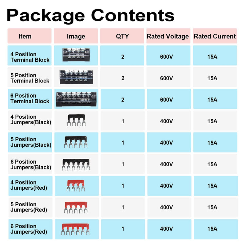 [Australia - AusPower] - 6 Sets Terminal Blocks, 4/5/6 Positions 600V 15A Dual Row Wire Screw Terminal Strip Block with Cover + 400V 15A Pre-Insulated Bus Bar Terminals Barrier Strips Jumpers (Black & Red) by MILAPEAK 15A 4/5/6P+Jumpers 