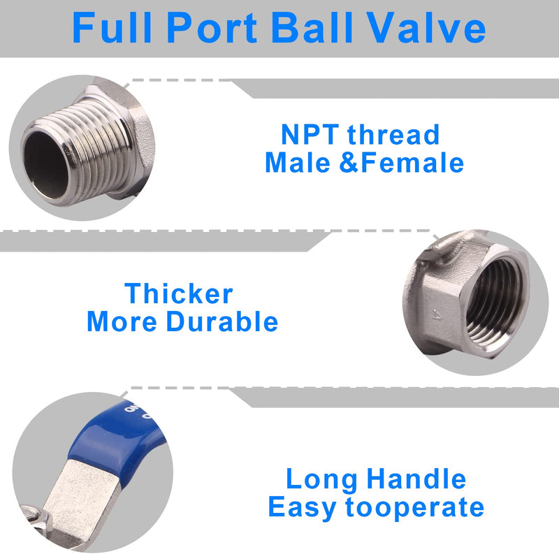 [Australia - AusPower] - DERNORD Full Port Ball Valve 1/2 Inch - Male x Female Stainless Steel 304 Heavy Duty for Water, Oil, and Gas,1000WOG (1/2 Inch NPT) 1/2 Inch NPT 