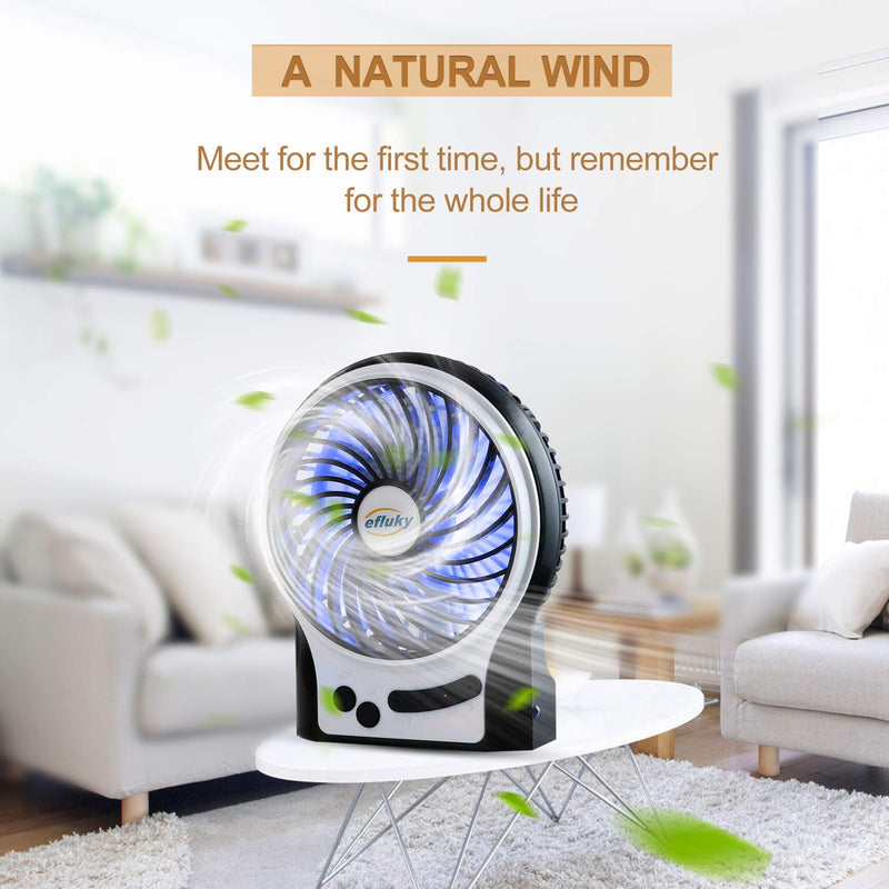 [Australia - AusPower] - efluky 3 Speeds Mini Desk Fan, Rechargeable Battery Operated Fan with LED Light and 2200mAh Battery, Portable USB Fan Quiet for Home, Office, Travel, Camping, Outdoor, Indoor Fan, 4.9-Inch, Black 