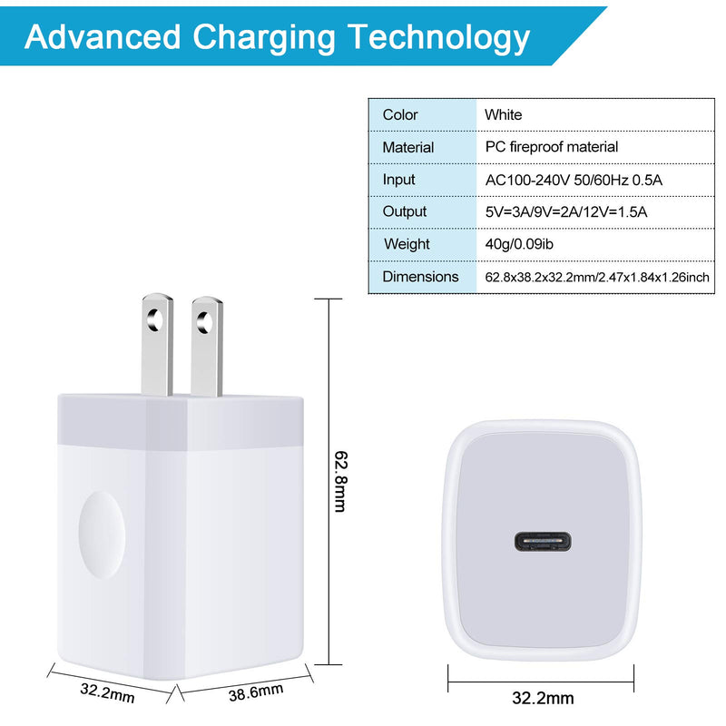 [Australia - AusPower] - USB C Wall Charger,2Pack 20W 3.0 Fast PD Charger Plug Power Delivery Adapter Type C Charging Block Compatible with iPhone 13/12/11 Pro Max/SE, Samsung Galaxy S22 Ultra S21 S20 S10 Plus,Pixel 6 4XL 3XL White 