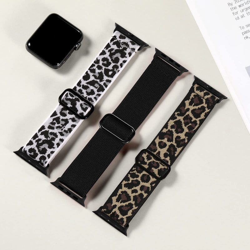 [Australia - AusPower] - DaQin 3 Pack Stretchy Nylon Solo Loop Band Compatible with Apple Watch Band 41mm 45mm 38mm 40mm 42mm 44mm, Adjustable Elastic Braided Replacement Strap for iWatch Series 7/6/5/4/3/2/1 SE Women Men Black/White Leopard/Leopard 38mm/40mm/41mm 
