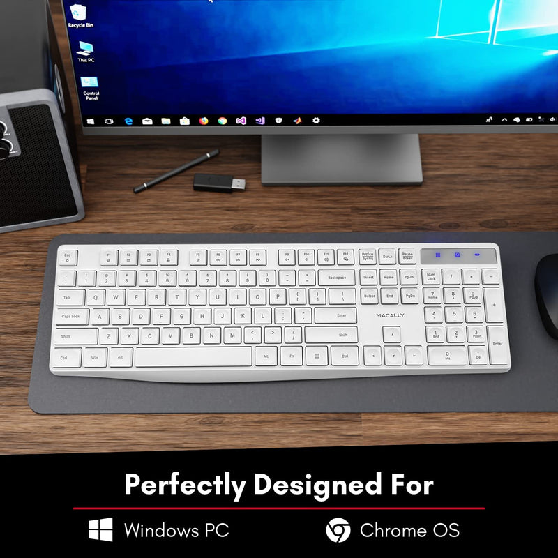 [Australia - AusPower] - Macally 2.4G USB Wireless Keyboard for Laptop or Computer - Keep it Simple - Full Size Keyboard with Numeric Keypad & 13 Shortcut Keys - Plug and Play PC Keyboard Wireless - White Keyboard Cordless 