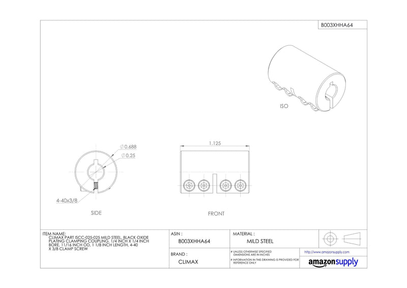 [Australia - AusPower] - Climax Part ISCC-025-025 Mild Steel, Black Oxide Plating Clamping Coupling, 1/4 inch X 1/4 inch bore, 11/16 inch OD, 1 1/8 inch Length, 4-40 x 3/8 Clamp Screw 