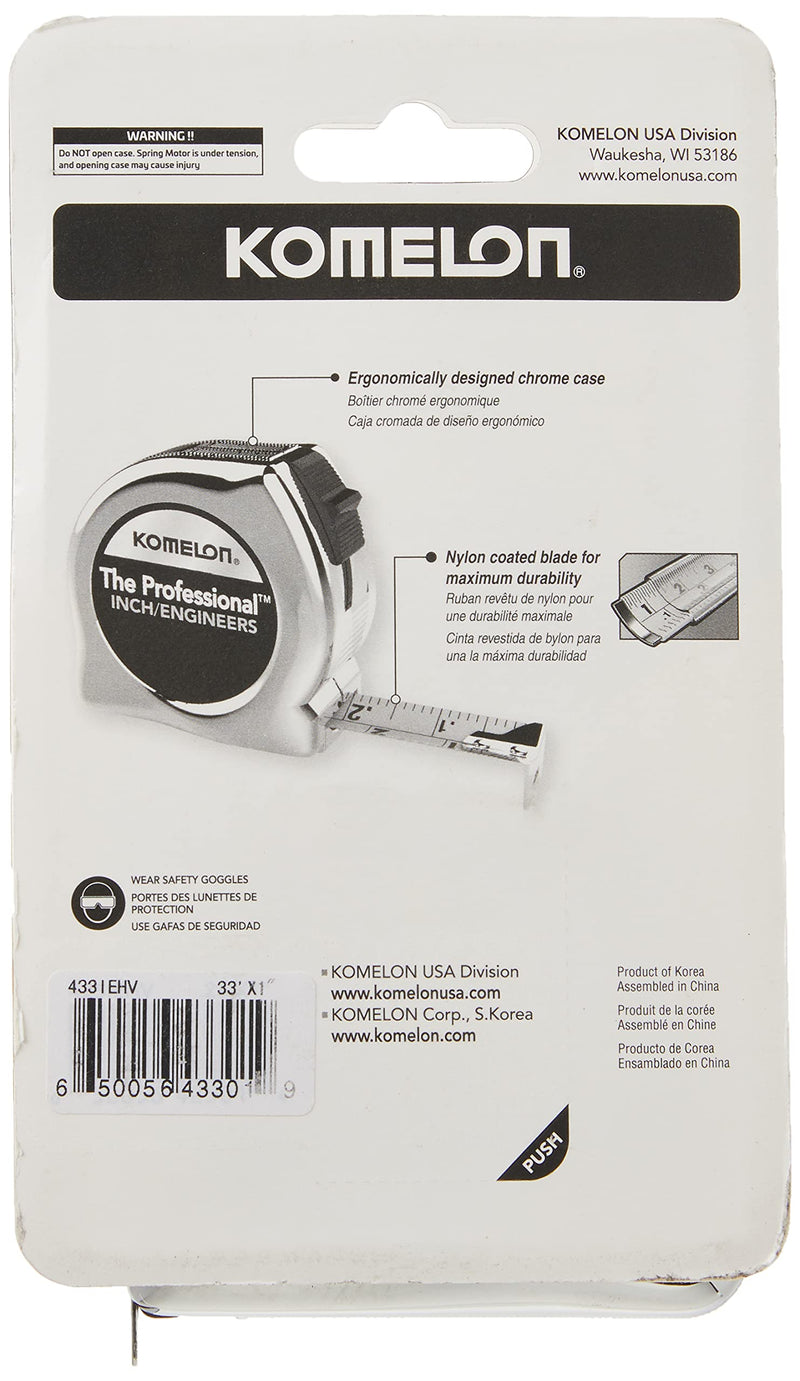 [Australia - AusPower] - Komelon 433IEHV High-Visibility Professional Tape Measure both Inch and Engineer Scale Printed 33-feet by 1-Inch, Chrome 