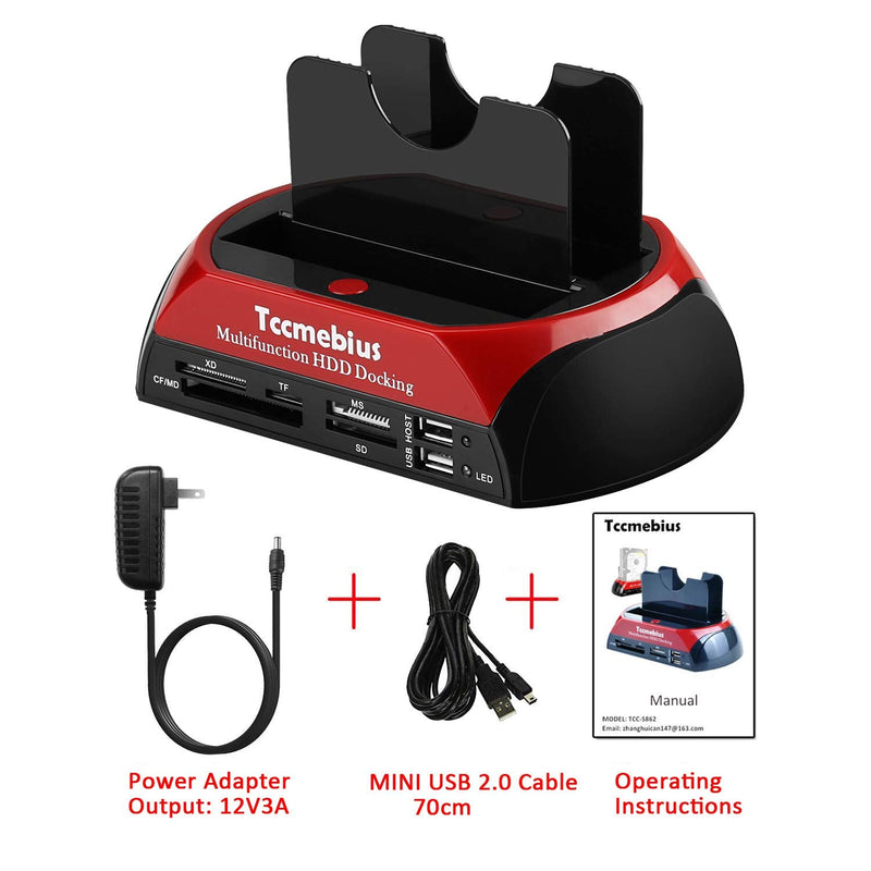 [Australia - AusPower] - Hard Drive Docking Station, Tccmebius TCC-S862-US USB 2.0 to 2.5 3.5 Inch SATA IDE Dual Slots External Enclosure with All in 1 Card Reader and USB 2.0 Hub for 2.5" 3.5" IDE SATA I/II/III HDD SSD 
