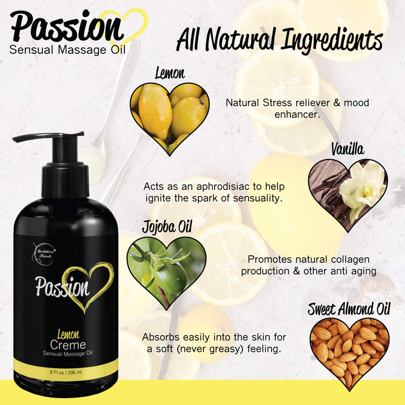 [Australia - AusPower] - Passion Sensual Massage Oil for Couples – All Natural, Lemon Crème Scent with Almond Oil & Jojoba Oil. Natural Body Oil for Dry Skin. Massaging Oil for Romance & Relaxation – 8oz 