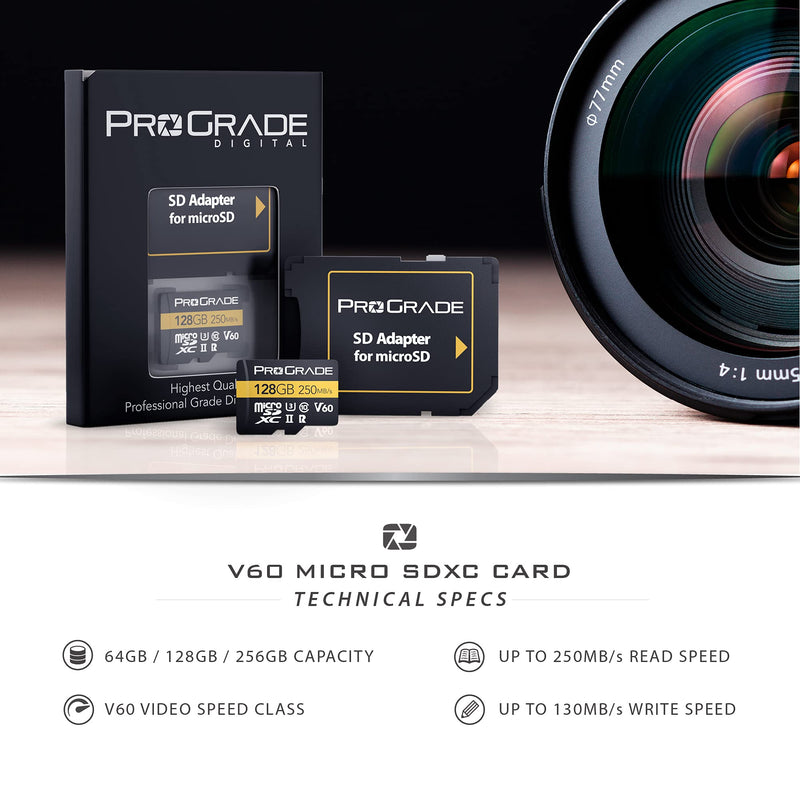 [Australia - AusPower] - ProGrade Digital microSD Memory Card - V60 microSD Card for DSLR and Action Cameras - High Speed Transfer of Files & Large Storage - Up to 250MB/s Read and 130MB/s Write Speed 128 GB 128GB 