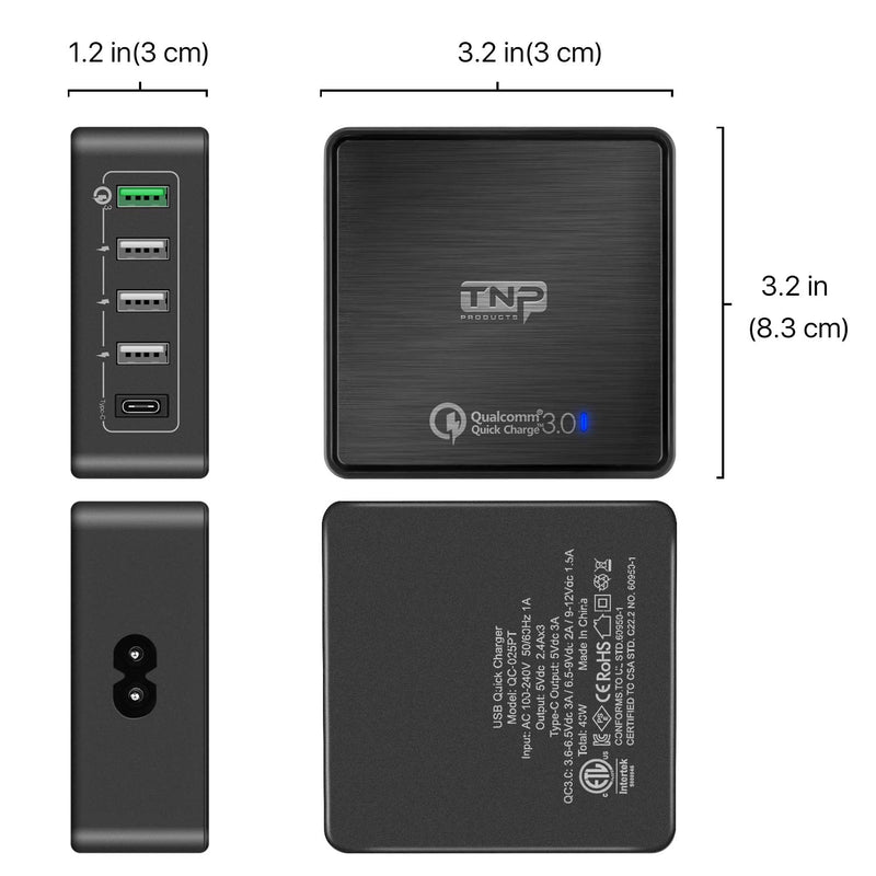 [Australia - AusPower] - TNP USB Fast Charger 5 Multiple Port 40W Quick Charging 3.0 Power Adapter Station with USB Type C for Galaxy S20 S10 S8, Compatible iPhone 11 Pro Max XS Max XR X 8 7 Plus, Ipad, Pixel, Tablet and More 1 USB-C + 4 USB-A (40W) Black 