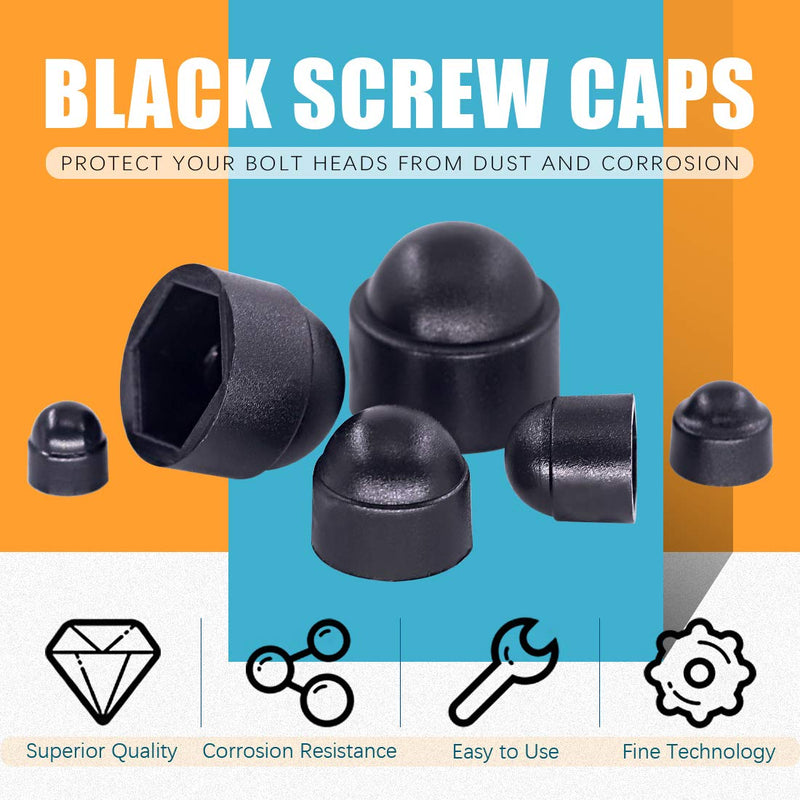 [Australia - AusPower] - Glarks 160Pcs Black Bolt Covers Screw Caps Assortment Kit, M4 M5 M6 M8 M10 M12 Nylon Acorn Dome Protection Caps for Protecting Hexagon Shaped Screws Bolts (Black) 