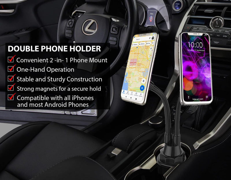 [Australia - AusPower] - CAVIANA Dual Phone Holder for Car Cup Holder – Long Flexible Neck, 360° Rotatable Car Phone Mount - Adjustable Cell Phone Cup Holder, Universal Size Fits 2 iPhone, Samsung, GPS and More (Magnetic) Magnetic 