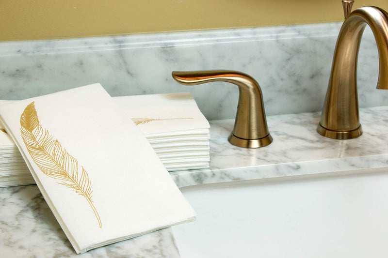 [Australia - AusPower] - SimuLinen Disposable Guest Bathroom Hand Towels – Gold Feather Design - Linen-Feel Disposable Paper Towels, Cloth-Like Texture Single-Use - Perfect Size: 12x17” Unfolded & 8.5x4” Folded - Pack of 25 