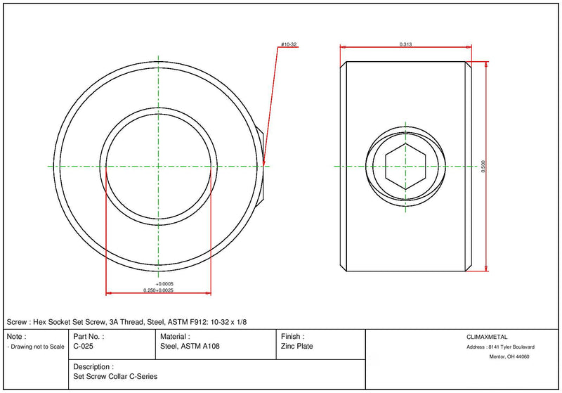 [Australia - AusPower] - Climax Metals C-025X20 Shaft Collar with 10"-32" Set Screw, One Piece, Set Screw Style, Zinc Plated Steel, 1/4" Bore, 1/2" OD, 5/16" Width (Pack of 20) 