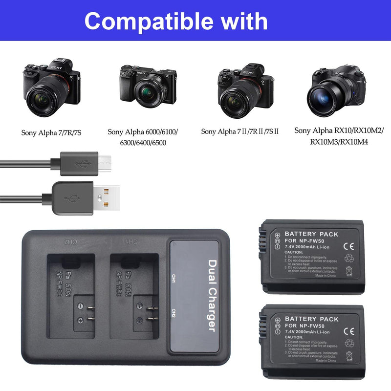 [Australia - AusPower] - 2-Pack 2000mAh NP-FW50 Battery and Dual LED Display Battery Charger, fit for Sony A6000 A6300 A6500, Sony Alpha a7 II/a7R/ a7R II, RX10, RX10II Camara -High Capacity 