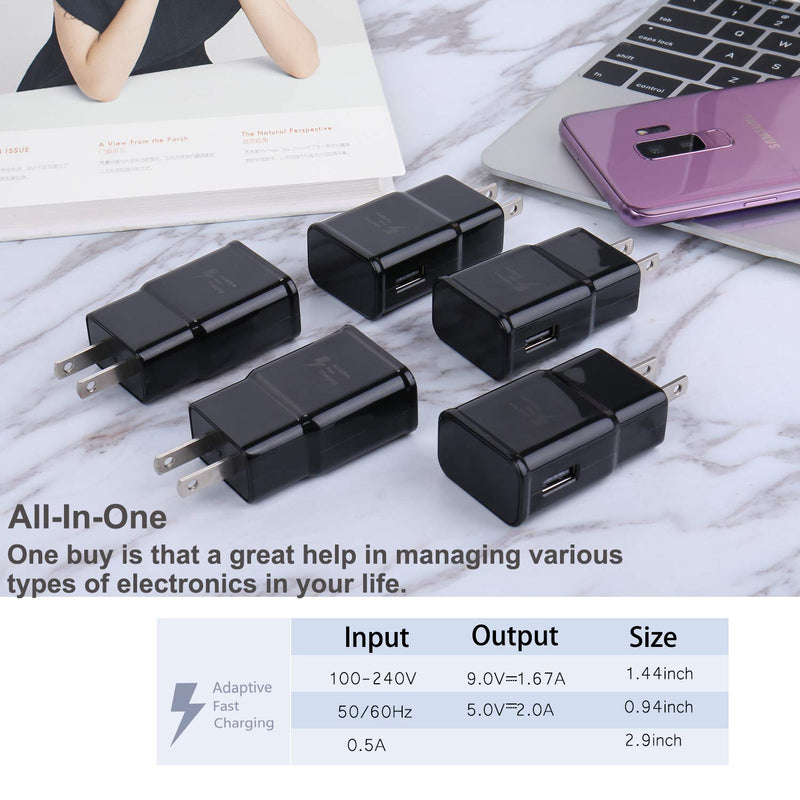 [Australia - AusPower] - Adaptive Fast Charging Block Adapter Compatible for Galaxy S6/S7/S8/S8 +/S9/S9 +/S10/S10e, Galaxy Note 8/Note 9/Note 10+, LG V30/V20/G7/G6/G5 USB Travel Fast Charging Wall Charger (5-Pack Black) 